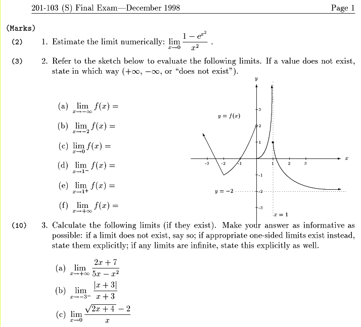 Cal I (S) Dec 98 Final Exam